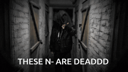 a black and white photo of a person in a hallway with the words these n-are deaddd