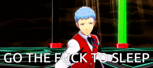 a man in a red vest and tie is standing in front of a green light that says go the fuck to sleep