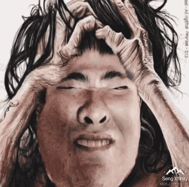 a drawing of a man with his hands on his head with seng xfinity written on the bottom