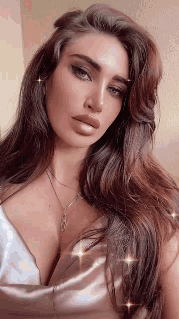 a woman with long brown hair is wearing a necklace and a plunging neckline .