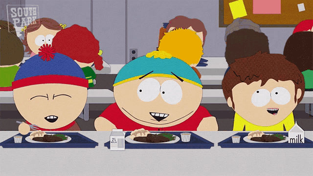 a group of south park characters sit at a table eating food
