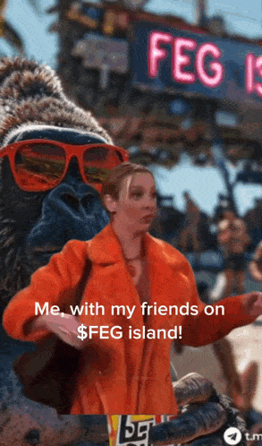 a woman in an orange coat stands next to a gorilla wearing red sunglasses