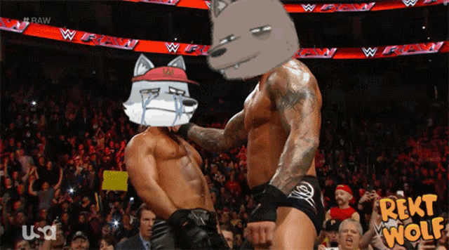 a cartoon of a wolf wrestling another man with the caption " reki wolf " on the bottom