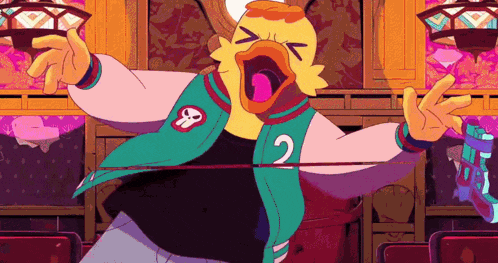 a cartoon duck is wearing a jacket with the number 2 on it .