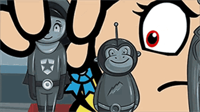 a cartoon of a monkey with a star on his chest standing next to a robot