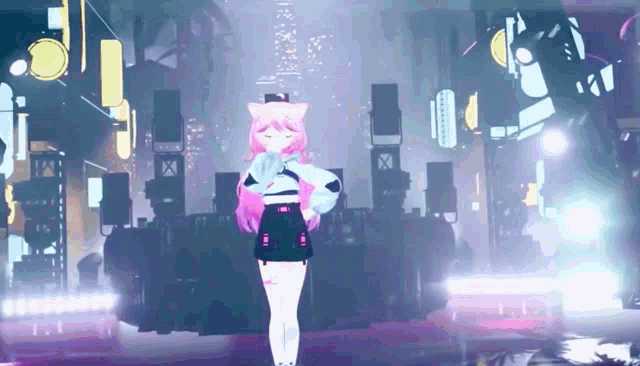 a girl with pink hair and a cat ear stands in front of a city