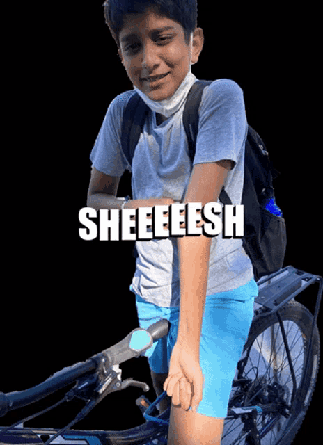 a young boy riding a bike with the words sheeeesh written above him