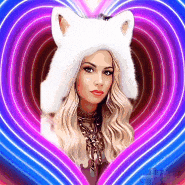 a woman wearing a white fur hat with cat ears is surrounded by neon hearts