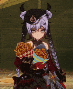 a girl holding a cone of french fries with a cross on her hat