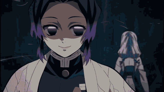 a cartoon character with purple hair and a white shirt