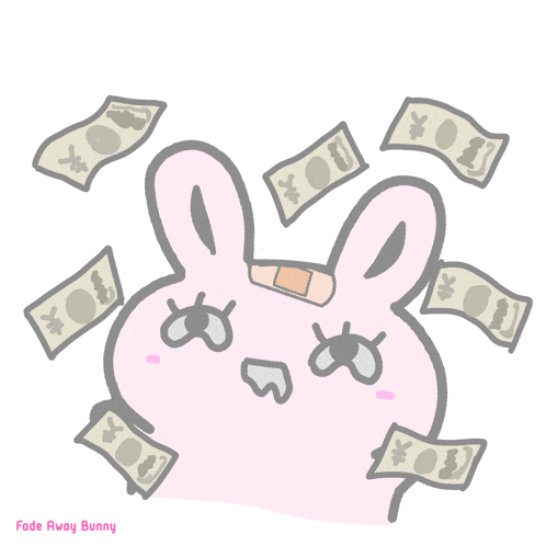a pink bunny with a bandage on its head is surrounded by money and says fade away bunny on the bottom