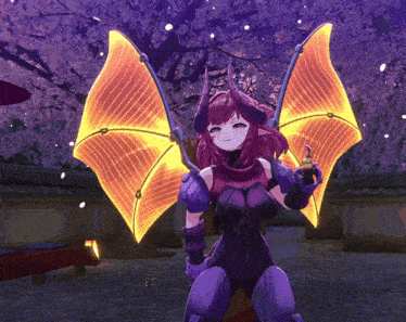 a girl with horns and wings is standing in front of a tree with flowers