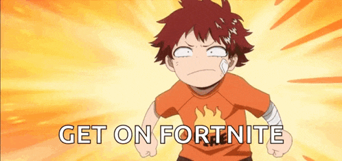 a cartoon of a boy with the words get on fortnite written on it