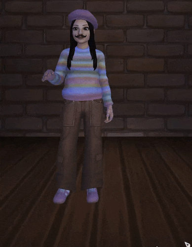 a girl with a mustache and a striped sweater