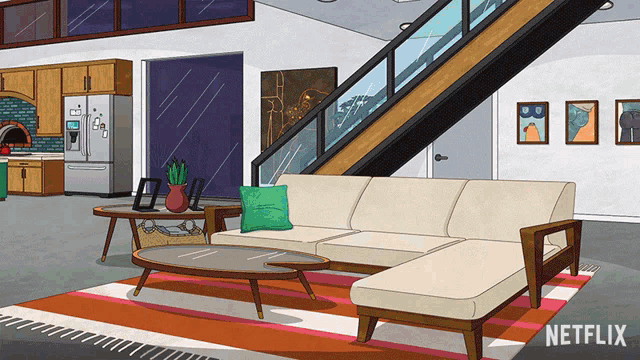 an illustration of a living room with a couch and a staircase with netflix written on the bottom