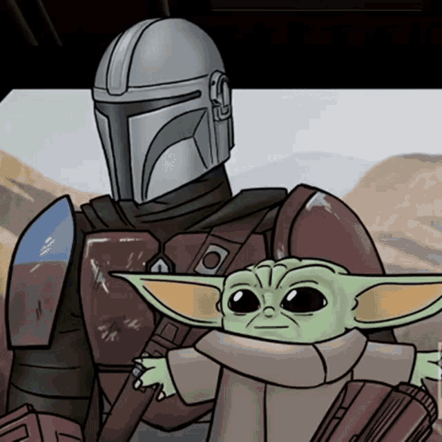 a cartoon of the mandalorian holding a baby green alien
