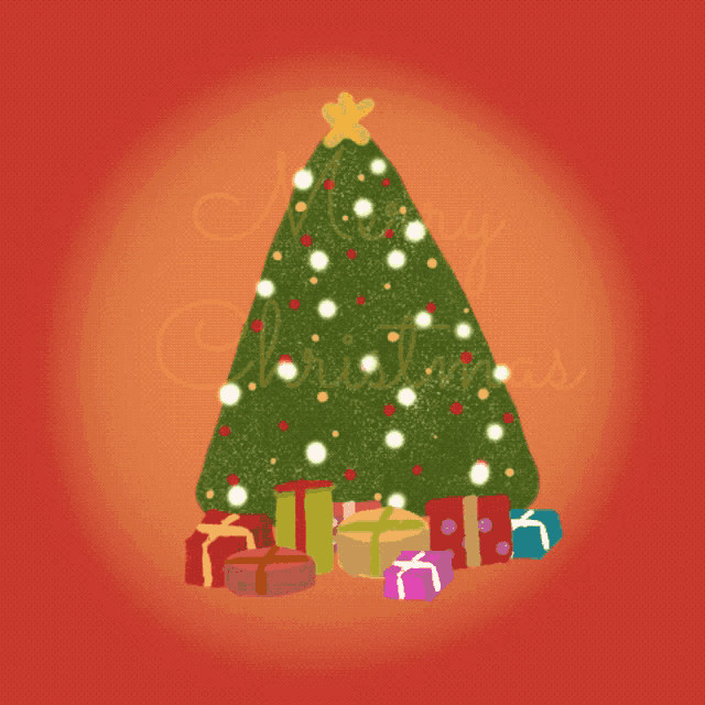 a christmas tree with gifts underneath it and the words merry christmas