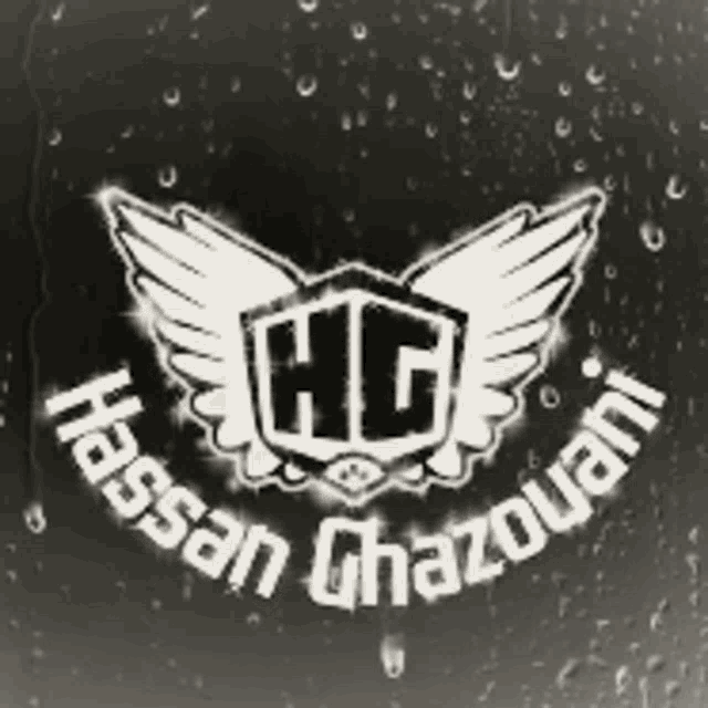 a logo for hassan ghazouani with wings on a black background