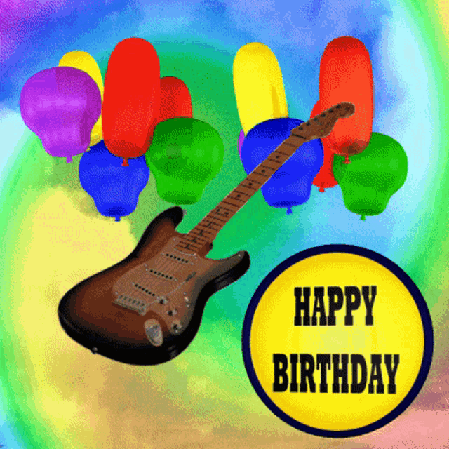 a birthday card with a guitar and balloons and says happy birthday