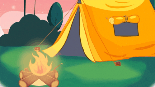 an illustration of a tent and a campfire with trees in the background
