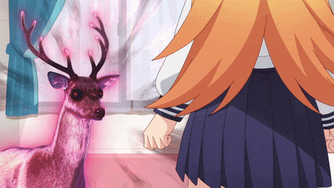 a girl in a school uniform is standing next to a deer with glowing antlers