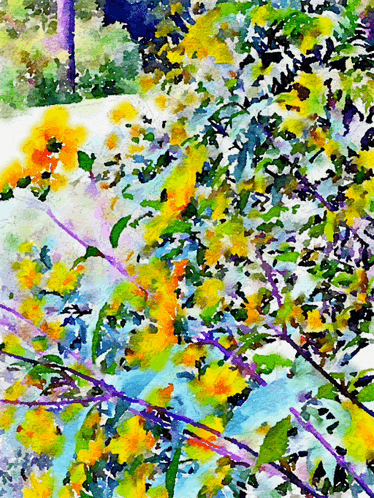 a painting of a tree with yellow and green leaves