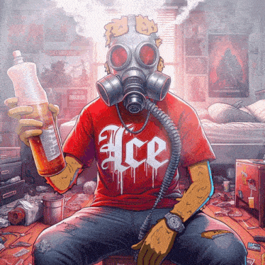 a man wearing a gas mask is holding a bottle and wearing a shirt that says ace