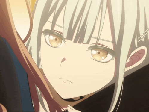 a close up of a anime character with white hair and brown eyes