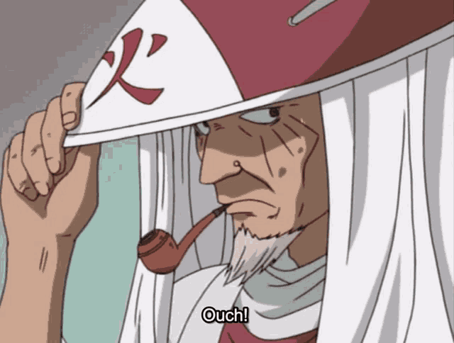 a man smoking a pipe and wearing a hat with the word ouch on it