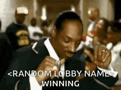 a man in a suit is singing into a microphone with the words random lobby name > winning .