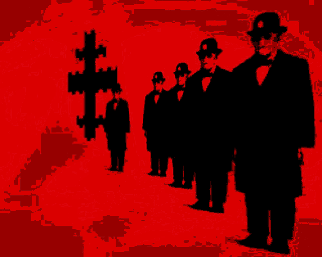 a group of men are standing in front of a red background