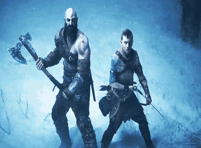 a man with a beard is holding a large axe