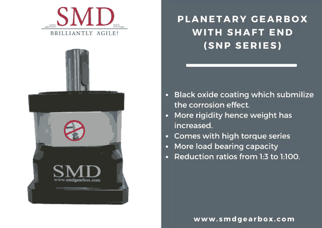 an advertisement for planetary gearbox with shaft end snp series