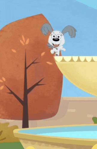 a cartoon of a dog jumping over a fountain