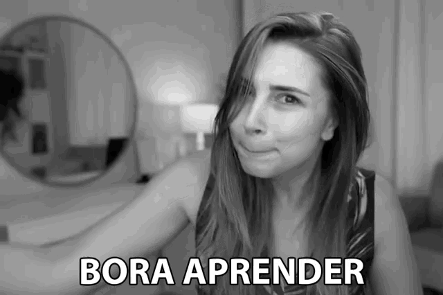 a black and white photo of a woman with bora aprender written in white letters