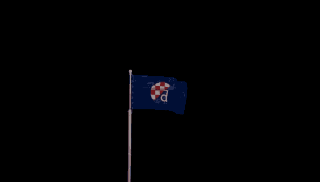 a blue flag with a red and white checkered circle with the letter d on it