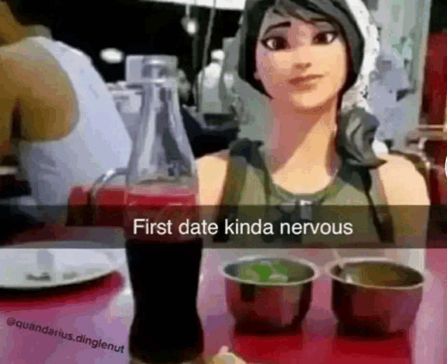 a cartoon girl is sitting at a table with a bottle of soda and cups of food .