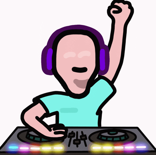 a cartoon drawing of a man wearing headphones and playing music