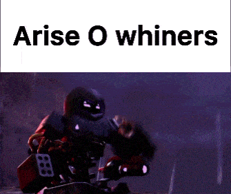 a picture of a robot holding a gun with the words arise o whiners below it