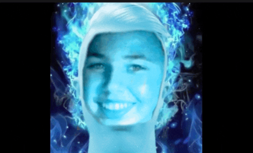 a painting of a woman 's face with blue flames around it