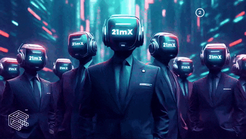 a group of men wearing suits and headphones with the letters 21mx on them