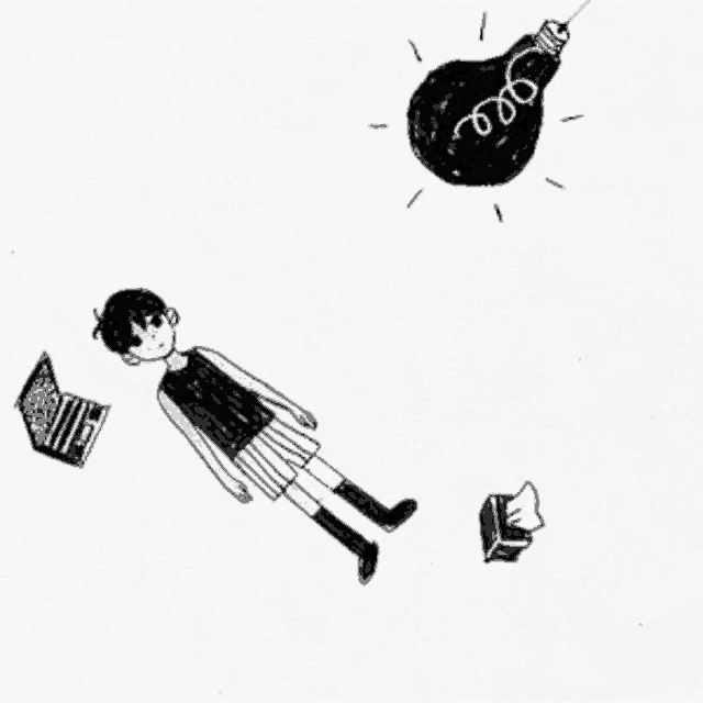 a black and white drawing of a person laying on the ground with a light bulb in the background