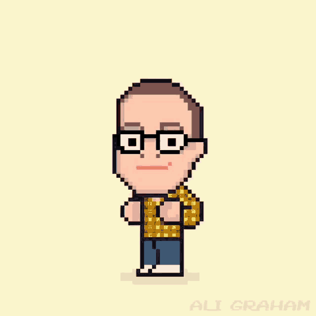 a pixel art drawing of a man wearing glasses and a plaid shirt