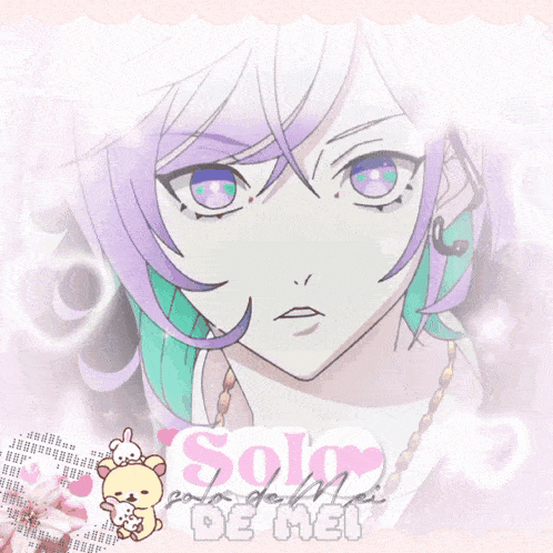 a girl with purple hair drinking from a cup with the words solo de mei