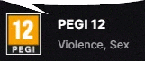 a sign that says ' pegi 12 violence sex ' on a black background