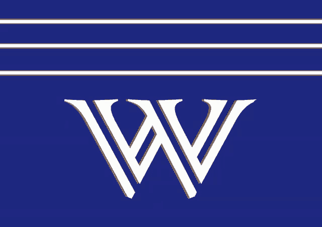 the letter w is on a blue background with gold stripes