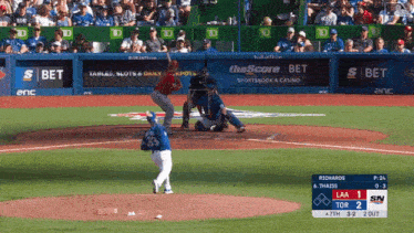 a baseball game is being played between the blue jays and the sn