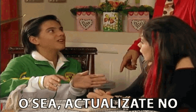 a boy and a girl are sitting at a table with the words o sea actualizate no written on the bottom