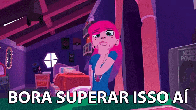 a cartoon of a girl in a bedroom with bora superar isso ai on the bottom