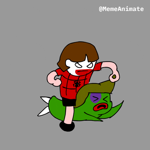 a cartoon of a boy in a red shirt standing next to a green monster with the hashtag memeanimate